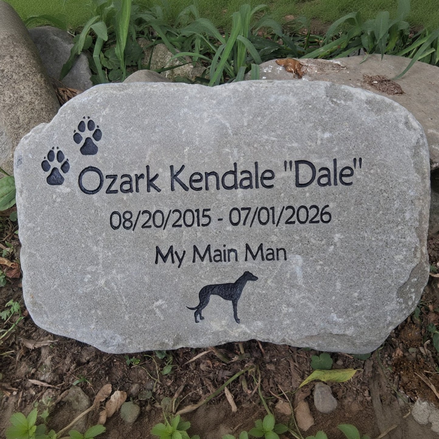 A personalized pet memorial stone engraved with the name 'Ozark Kendale "Dale"', dates '08/20/2015 - 07/01/2026', the phrase 'My Main Man', paw prints, and a dog silhouette, placed outdoors on the ground among grass and soil.