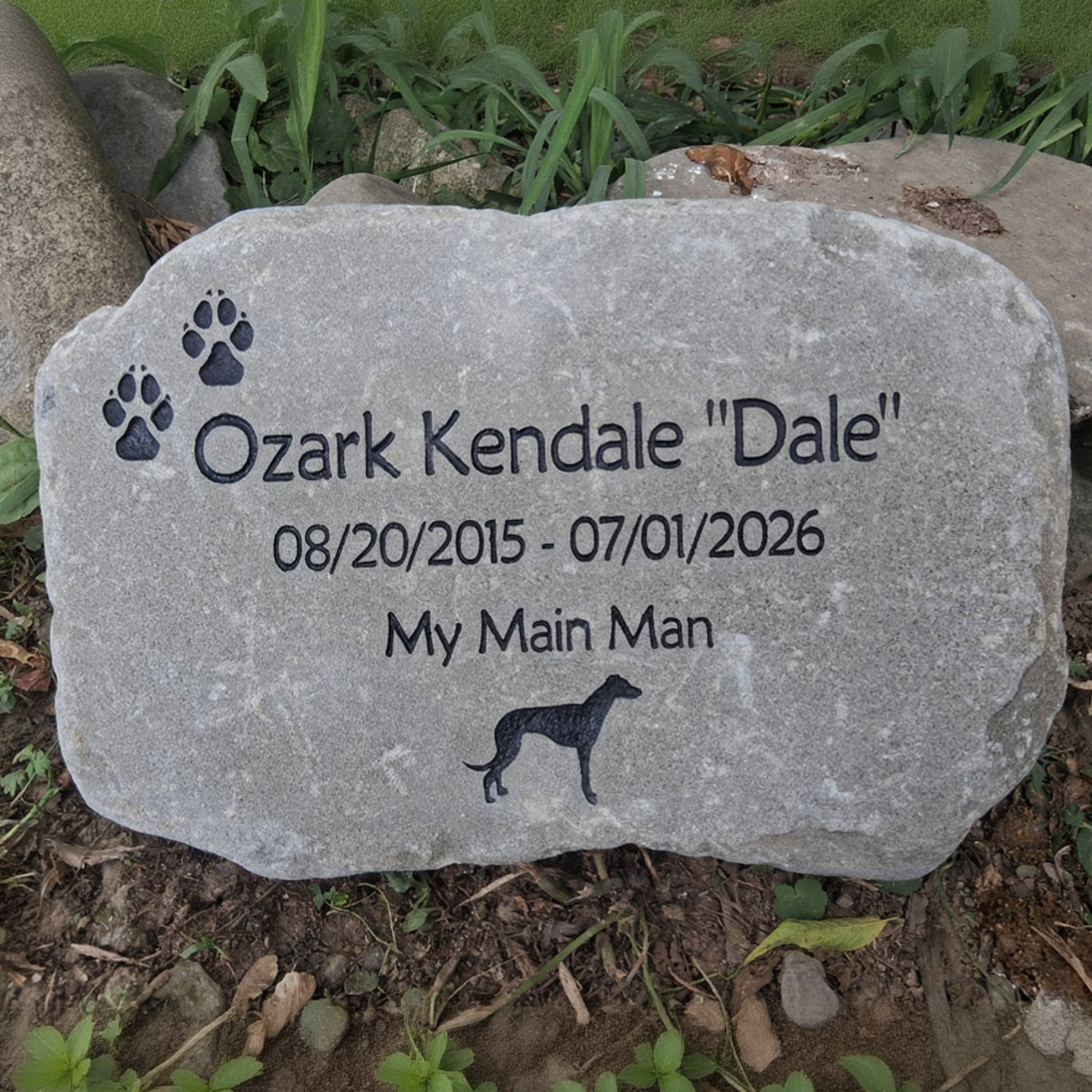 A personalized pet memorial stone engraved with the name 'Ozark Kendale "Dale"', dates '08/20/2015 - 07/01/2026', the phrase 'My Main Man', paw prints, and a dog silhouette, placed outdoors on the ground among grass and soil.