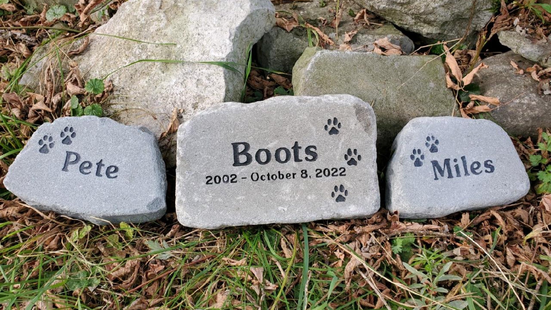 Three engraved pet memorial garden stones placed on grass among rocks. The center stone reads 'Boots 2002 - October 8, 2022' with paw prints, and the side stones read 'Pete' and 'Miles' with paw prints.