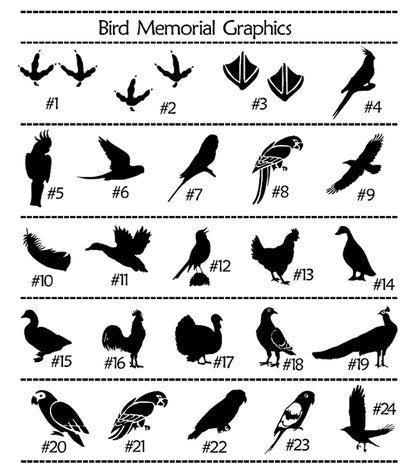 A black-and-white graphic sheet titled 'Bird Memorial Graphics' showing 24 different bird silhouettes labeled #1 through #24, arranged in rows with dashed divider lines on a white background.