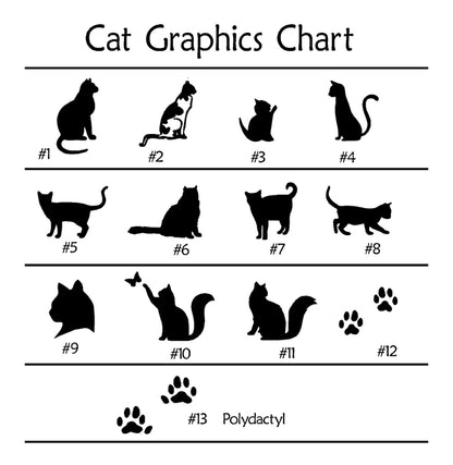 A black-and-white 'Cat Graphics Chart' showing twelve numbered cat silhouette designs and paw prints, including one labeled '#13 Polydactyl'.