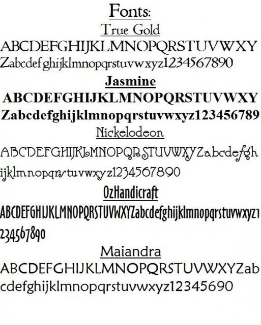 A black-and-white font comparison chart showing multiple script and serif typeface options: Fonts, Jasmine, Nickelodeon, OzHandicraft, and Maiandra, each with uppercase and lowercase letter samples.