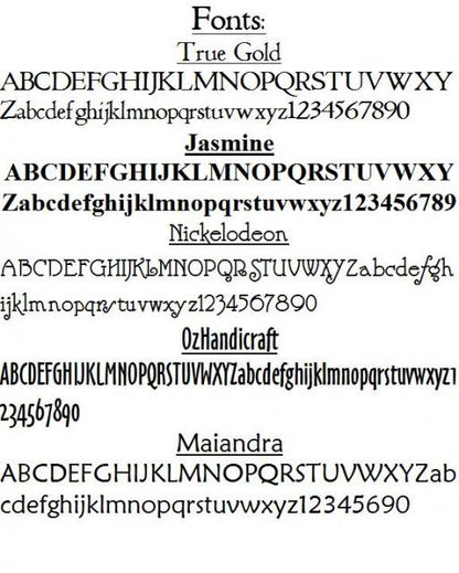 A black-and-white font comparison chart showing multiple script and serif typeface options: Fonts, Jasmine, Nickelodeon, OzHandicraft, and Maiandra, each with uppercase and lowercase letter samples.