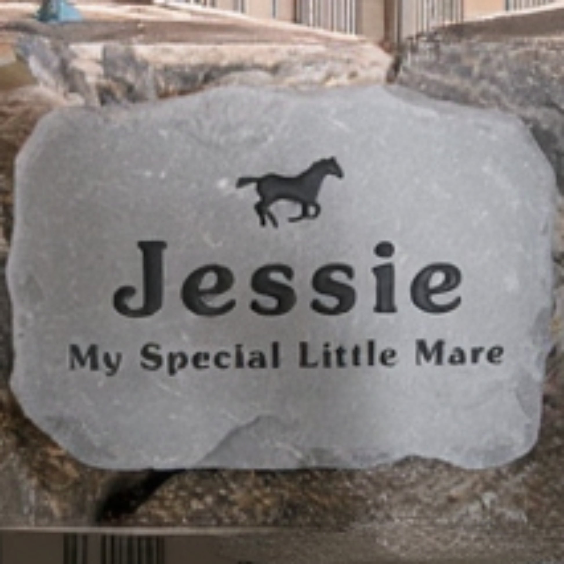 A personalized gray stone horse memorial engraved with the name 'Jessie', a small horse silhouette, and the phrase 'My Special Little Mare', displayed against a natural stone background.