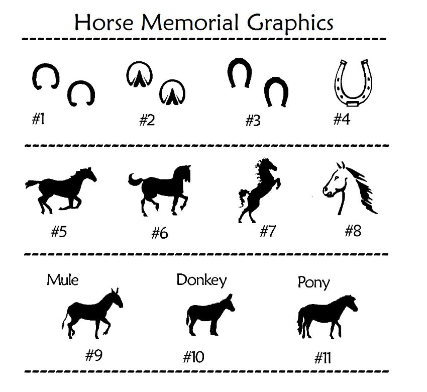 A black-and-white graphic sheet titled 'Horse Memorial Graphics' showing numbered horse silhouette and horseshoe symbols, including mule, donkey, pony, rearing horse, side profile, and front-facing horse head designs.