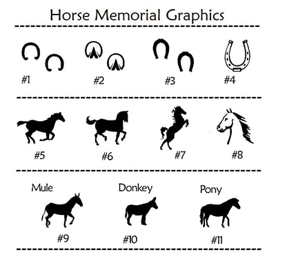 A black-and-white graphic sheet titled 'Horse Memorial Graphics' showing numbered horse silhouette and horseshoe symbols, including mule, donkey, pony, rearing horse, side profile, and front-facing horse head designs.