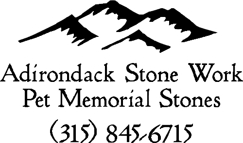 Black graphic logo featuring a mountain silhouette above the text 'Adirondack Stone Work', 'Pet Memorial Stones', and the phone number '(315) 845-6715' on a white background.