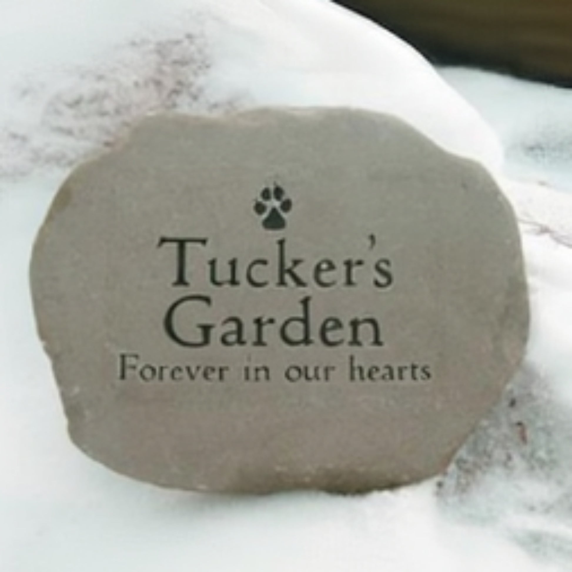 A custom pet memorial garden stone with the text 'Tucker's Garden' and 'Forever in our hearts' engraved, featuring a small paw print icon, shown resting in the snow.